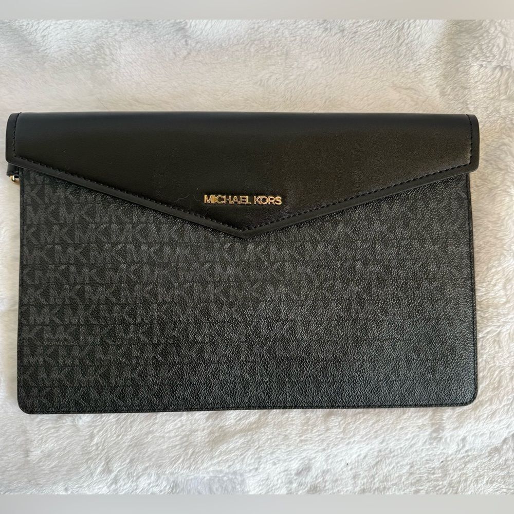 Michael Kors Black and Gray Monogram Envelope Style Clutch/Wristlet